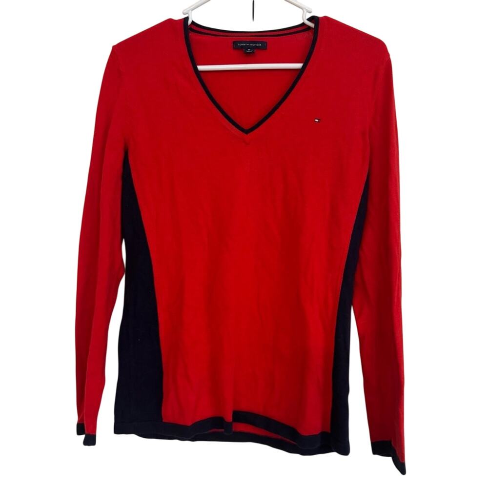 Tommy Hilfiger V Neck Sweater Women's‎ M Colorblock Pullover Red Navy Americana